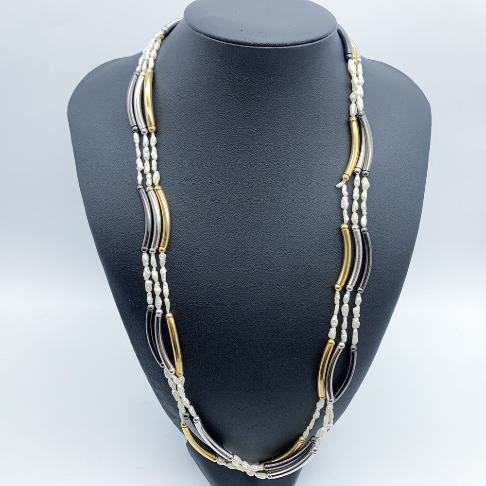 Multi-Strands Keshi Pearl Gold and Silver Beaded Necklace
